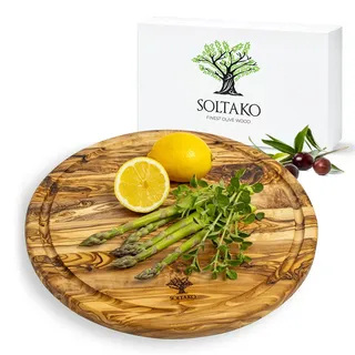 SOLTAKO Schneidebrett aus Olivenholz rund "The Riesenrad" Ø 32 cm, rundes Oliven Holz Brett mit Saftrille