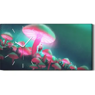 Dekor Leinwand Uhr Wandbilder Quarz 60x30 Wanderer im groß en Pilz Regennacht - weiße Hände - Grün