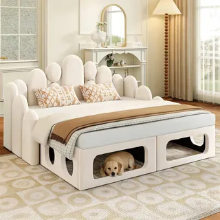 Flieks Polsterbett 180x200cm mit Haustierbett, Schlafsofa Sofabett mit Rückenlehne, Daybed Jugendbett Kinderbett mit Lattenrost, Samt, Beige - Beige