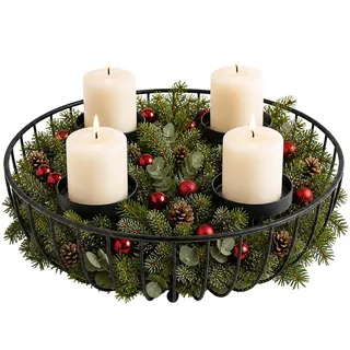 Relaxdays Adventskranz, 4 Stumpenkerzen, schwarz | Metall, HxD: 10 x 33 cm, moderne Adventsdekoration, Weihnachtskranz