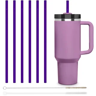 HALM Lila Glasstrohhalme 6x 30 cm lang für Stanley Cup Quencher Tumbler & Flaschen bis 1,2 Liter + Reinigungsbürste Spülmaschinenfest - Wiederverwendbare Ersatz Strohhalme