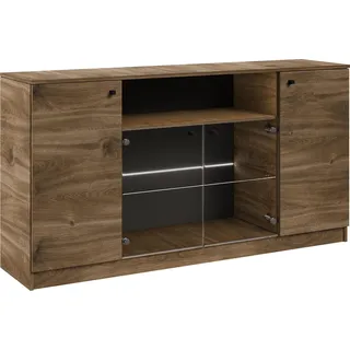 Kommode mit 2 Drehtüren W4 Sideboard mit Glasregal 160 cm breite Mehrzweckschrank mit Innenregal - Braun