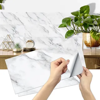 Fliesenaufkleber 15x30cm für Küchen, AMOYUN 12 Stück Marmor PVC Fliesensticker Fliesen Badezimmer Selbstklebende Fliesendekor Aufkleber Backstein zum Esszimmer Bad Fliesenfolie Deko