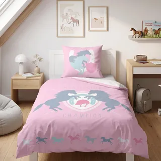Pferde Kinderbettwäsche 135x200 + 80x80 cm Flanell 100% Baumwolle | Kuscheliger Flanell aus 100 % Baumwolle, Öko-Tex Standard 100, 40 °C waschbar, trocknergeeignet und mit Reißverschluss