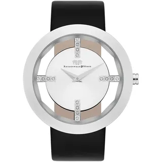 Rhodenwald & Söhne Lucrezia Damenuhr Edelstahl Silber 3 ATM verziert mit Kristallen Lederarmband schwarz Fashionuhr Skeletonoptik
