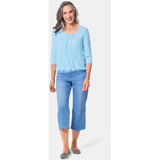 Kurzarmbluse GOLDNER "Kurzgröße Chiffon-Shirt mit 3/4-Arm, Rundhals", Damen, Gr. 25, blau (bleu), Obermaterial: 95% Viskose CV. 5% Elasthan EL., Casual, Gerade, Blusen Kurzarmbluse, keine/nicht relevant