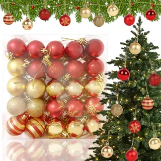 Rot Gold Christbaumkugeln Set 50 Stück, 4 cm Glitter Weihnachtskugeln Mini Kunststoff Weihnachtsbaumkugeln Plastik Christbaumschmuck für Weihnachtsbäume Kranze Girlanden Heimdekor