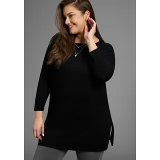Longpullover LAURA SCOTT CURVE, Damen, Gr. 52/54, schwarz, Feinstrick, Obermaterial: 70% Viskose, 30% Polyamid, unifarben, Basic, figurumspielend hüftbedeckend, U-Boot-Ausschnitt, Pullover Longpullover, aus fließendem Feinstrick mit seitlichem Schlitz - GROSSE GRÖSSE