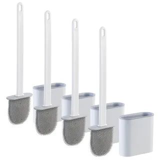 BadeStern WC-Bürstengarnituren: 4er-Set WC-Silikonbürsten mit atmungsaktivem Bürstenhalter, weiß/grau (Freistehende Toilettenbürste, Klobürste Silikon flach, Wandhalterung)