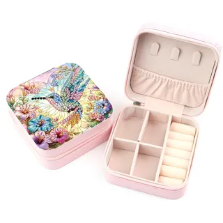JICFDAO Diamond Painting Schmuckkästchen Damen 9.5x9.5cm Schmuckkasten Schmuckkoffer Reise Box Klein Schmuckbox Schmuck Organizer für Ringe Ohrringe Halsketten Geschenk für Frauen Vögel Blumen