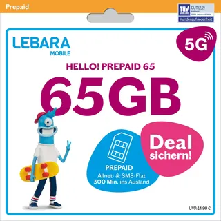 LEBARA Hello! 65 Prepaid SIM-Karte | Handy-Tarif ohne Vertrag | 65 GB inkl. 5G | Allnet Flat | 300 Minuten ins Ausland
