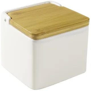 VoltShine Salzstreuer aus Keramik und Bambus mit Deckel, ideal zum Aufbewahren von Salz und Gewürzen, praktisch für die Küche und Dekoration.