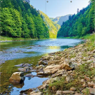 Wallario Outdoor-Poster für Garten oder Balkon, Motiv Fluss in den Bergen an steinigem Ufer, in ca. 180 x 180 cm - Schwarz