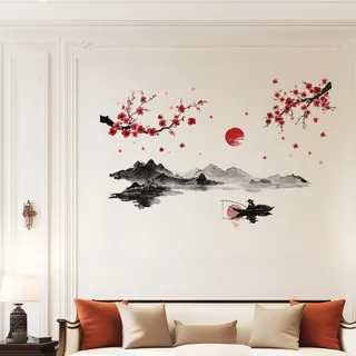 ANATTASOUL Chinesische Tuschemalerei Wandtattoo für Küche | (118x39cm) Wandaufkleber Selbstklebend Kitchen Wand Sticker für Wohnzimmer, Schlafzimmer, Flur, Badezimmer