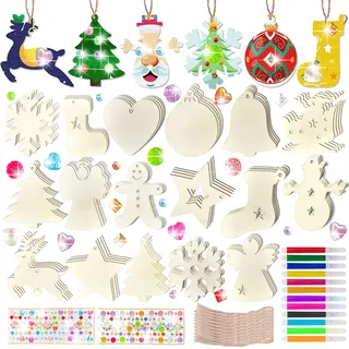 MEISHANG Holzanhänger zum Bemalen Weihnachten,Holz basteln Kinder Weihnachten,Christbaumschmuck zum bemalen,Weihnachtsbaum Holzanhänger,DIY Weihnachtsdekoration holz