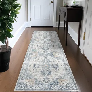 TOPICK Läufer 60x150cm Blau Flur Floral Teppich Waschbar Superdünne Faltbar Vintage Blumenteppich Kurzflor Orientalischer Küchenteppich Eingangsmatte Büro Teppichläufer