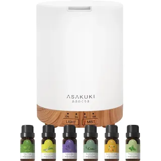 ASAKUKI 300ML Aroma Diffuser mit 6 * 10ML Ätherische Öle Set, Ätherische Öl Diffusor,Ultraschall-Luftbefeuchter für Home Office, 15 Farbe LED mit 4 Timer Einstellung
