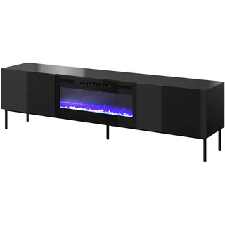 Fernsehschrank SLIDE 200x57x40 cm Tv-Schrank mit elektrichem Kamin Heizfunktion Lowboard 2 Klappen Metallgestell Schwarz Hochglanz/Schwarz Kamin - Schwarz