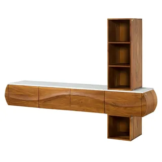 MASSIVMOEBEL24.DE Wohnwand Akazie 204x40x145 natur lackiert / Marmor weiß MONTREAL #141 - Weiß