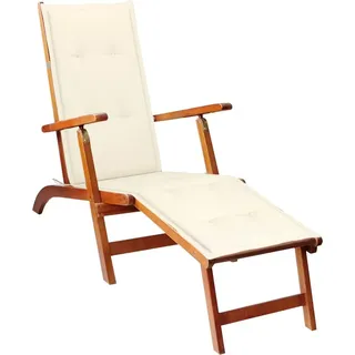 Liegestuhl mit Fußstütze und Auflage Akazie Massivholz - Creme, Bunt