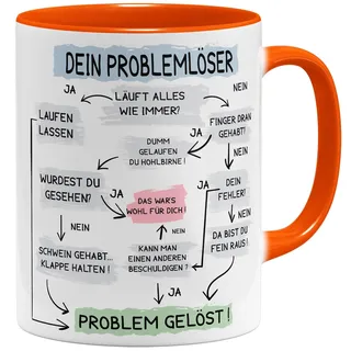 OM3® lustige Problemlöser Kaffee-Tasse mit Spruch - Problemlösung auf der Arbeit - Flowchart Diagramm - Keramik Becher - 11oz 325ml - Beidseitig Bedruckt - Orange