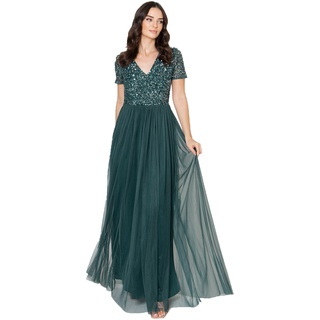 Maya Deluxe Damen Women's V Neckline Embellished Neck Maxi Dress Short Sleeve Empire Waist Prom Graduation Bridesmaid Wedding Guest Brautjungfernkleid, Emerald Green, 56 EU