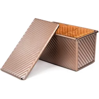 Brotbackform mit Deckel Kastenform zum Backen Brot Toastform aus Karbonstahl Rechteckig Pullman Laib Pfanne Antihaft Toastbrot Backform, Gewellter Stil Champagner Gold 21x11.5x11cm