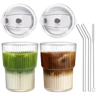ALINK 2 Stück 400ml Glasbecher mit Deckel und Strohhalm, Glas Smoothie Becher mit Strohhalm, Luftdicht Wasserdicht Design Kaffeebecher Travel Mug, Eiskaffee Becher, Trinkglas