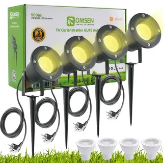 OMSEN Gartenstrahler mit Erdspieß GU10 7W Warmweiß 230V, Robuste IP67 Wasserdicht Gartenleuchte, Austauschbare GU10 Leuchtmittel, Gartenbeleuchtung mit Strom für Außen Garten Hof Rasen Baum, 4er set