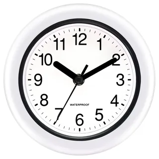 KIZLOC 17 cm Outdoor Uhr Garten Wasserfest, Gartenuhr Außen Wetterfest, Leicht Ablesbare Lautlose Batteriebetriebene Runde Wanduhr für Draußen Pool Balkon Badezimmer (Weiß)
