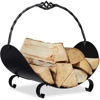 Relaxdays Kaminholzkorb Metall, Holztrage mit Henkel, HBT: 42,5 x 43,5 x 30 cm, innen, Holzkorb für Kaminholz, schwarz