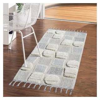 Carpet City Teppich Boho Wohnzimmer - Creme - 80x150 cm - Patchwork-Muster - Relief-Optik, 3D-Effekt - Cut-&Loop, Sisal - Moderne Fransen-Teppiche Schlafzimmer