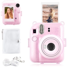 Rieibi Instax Mini 12 Tasche – Glitzerhülle für Fujifilm Instax Mini 12 Sofortbildkamera mit Fototasche auf der Rückseite, transparentem Schultergurt und Mini-Fotoalbum - Glitzer Rosa