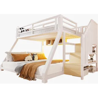 Etagenbett mit 2 Schlafgelegenheiten, Lattenrosten, Regal und LED-Streifen, Treppe mit Regal, 90/140x200 cm, Kinderbett mit Rausfallschutz, Metallbett - Weiß