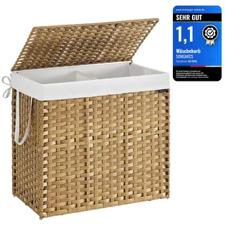 Songmics Wäschekorb 2 Fächern, Wäschesammler 160 L, Wäschebox aus synthetischem Rattan, mit Deckel und Griffen, geflochten, faltbar, herausnehmbarer Wäschesack, naturfarben LCB216Y01