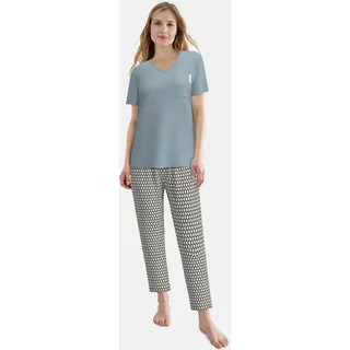 Pyjama TOM TAILOR, Damen, Gr. 36, blau, mittel, allover, Single Jersey, Obermaterial: 95% Baumwolle, 5% Elasthan, bequem, V-Ausschnitt, gerader Abschluss, Homewear-Sets Pyjama, Kurzarm, V-Ausschnitt, mit Brusttasche, Baumwollmix