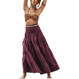 Thaluta Maxi-Boho-Rock mit Langen Taschen, Baumwolle, Hippie-Bohemian-Stil, elastische Taille, Rock, Mangosteen, Einheitsgröße