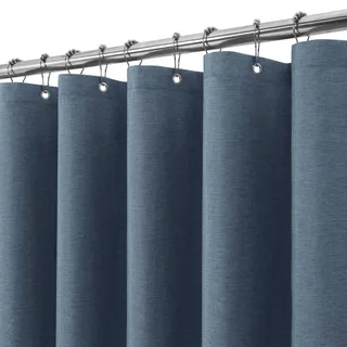 Duschvorhang Leinen mit Metall Duschvorhangringe Stoff Textil Badewannenvorhang Anti Schimmel Bad Vorhang Set Wasserdicht Badewanne Vorhang Schwerer Shower Curtain - 275 x 182cm (Marineblau)