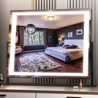 Hasipu Schminkspiegel mit Beleuchtung 62 x 50 cm, LED Kosmetikspiegel 10x Vergrößerung, 3 Farbtemperaturen, Touch Control Tischspiegel, 360° Drehung, Spiegel für Make-up Schwarz