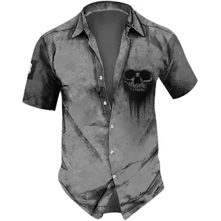 RMBLYfeiye Henley Hemd Herren Reverskragen Druckknopf Totenkopf Drucken Hemd Kurzarm Regular Fit Arbeitshemd Locker Sommerhemd Klassischer Passform Freizeithemd Männer Hawaii Hemd