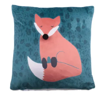 Fusion Kissen Fuchs (43 x 43 cm), blaugrünes Samtkissen/weißes Fleece 1 Seite, Füllung im Lieferumfang enthalten, blaues Tierdruckkissen mit Bezügen, Kisseneinsätze, Waldtier-Kissen