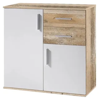 BAKAJI Anrichterschrank mit 2 Schubladen, Doppeltür und 2 Ebenen, Innenschrank, Sideboard, Mehrzweckschrank, Küche, Büro, modernes Design, Maße: 82 x 35 x 80 cm (Weiß und Eiche in Holzoptik)
