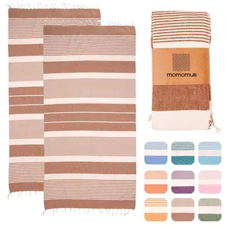 MOMOMUS Pack von 2 Fouta XL oder Strandhandtuch Baumwolle 100% - Saugfähig, Ultraweich, Kompakt - Ideal als Strandtuch, Hamamtuch und Saunahandtuch - Braun, 90x180cm