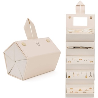 BOSHKU Reise-Schmuck-Organizer, Schmuckschatulle, luxuriös, kompakt, Schmuck-Reise-Organizer mit Halskettenhalter, Ohrring-Organizer, versteckte Fächer, Schmuckrollenetui mit 5xKapazität. (beige)