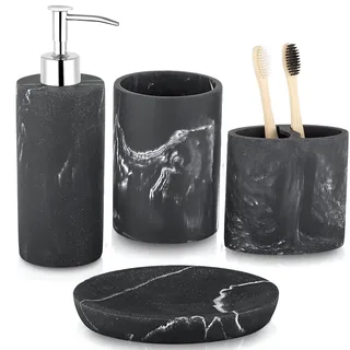 ZCCZ Badezimmer Set – 4-teiliges Organizer-Set mit Zahnbürstenhalter, Seifenspender, runder Seifenschale und Zahnputzbecher – Elegante Kosmetikaufbewahrung und Dekoration in schwarzer Marmor-Optik