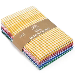 Set 5 Karierter Geschirrtücher Baumwolle Twinzee - 100% Baumwolle Oeko-TEX - 67 x 47 cm - Retro Chic Stil Küchentücher - Küchenhandtücher, Spül- & Geschirrtücher - Blau, Rot, Grün, Orange, Gelb