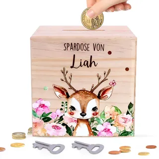 FitRepa Spardose aus Holz mit 2 Schlüssel Spardose - 10x10cm Spardosen Holz Kinder für Junge/Mädchen - Geschenk zur Geburt - Einschulung, Taufe