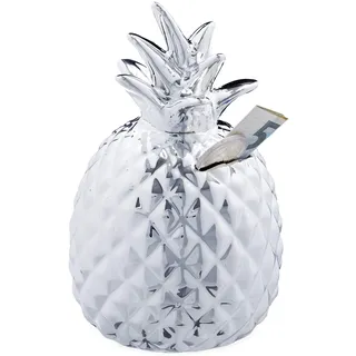 Relaxdays Spardose Ananas, Dekofigur, Sparschwein mit Schloss, 2 Schlüssel, Keramik Sparbüchse, H x D 16 cm, Silber, 1 Stück