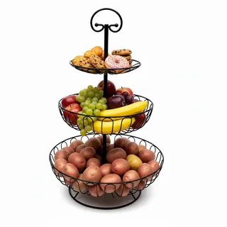 Relaxdays Obst Etagere, 3-stöckig, Metall, HxD: 47 x 30 cm, Obst, Gemüse, mit Griff, runde Obstschale, Obstkorb, schwarz