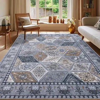 Calinline Dunkelgrau Großer Perserteppich Teppich Wohnzimmer, 140x200 cm | Vintage Kurzflor Waschbarer Teppich Orientalisch , Rutschfester Schlafzimmer Teppiche, Carpet für Esszimmer Büro Küche